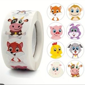 Roll of 500 Cute Farm Animal Stickers Chick Pig Cow Fox Bunny Monkey Dog Lamb